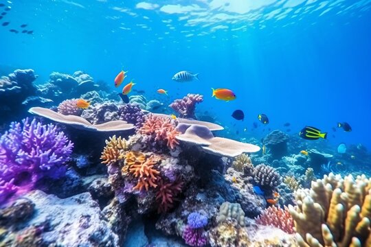 colorful fish swimming around beautiful corals under the sea