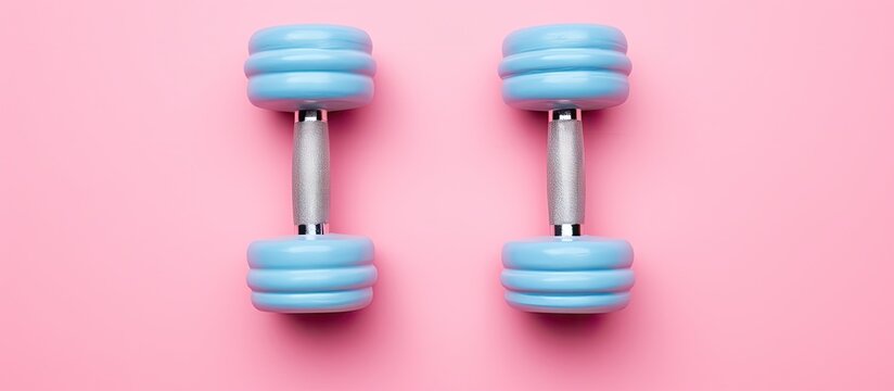 Home fitness equipment for womens workouts featuring blue dumbbells on a pink background pattern for healthy sports training with weights