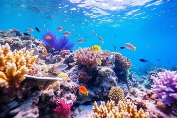 Naklejka na ściany i meble colorful fish swimming around beautiful corals under the sea