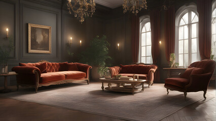 Classic interior of living room with armchairs and sofa. 3d render