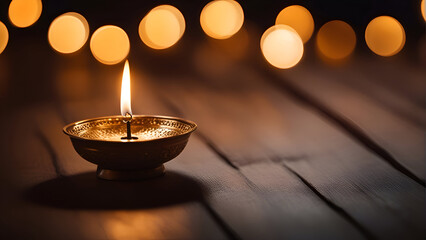 Diwali diya or oil lamp over wooden background with bokeh