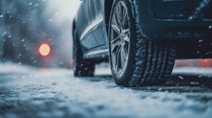 Close-up of a snowy road and winter tires