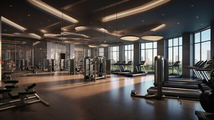 Within gym with modern fitness equipment for fitness events and more. Modern of gym interior with equipment. Sports equipment in the gym. Created with Generative AI