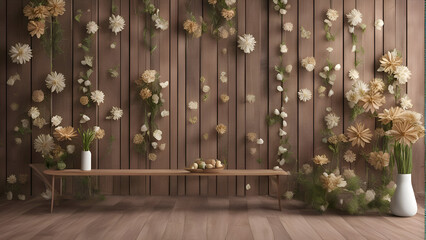 3D rendering of a wooden shelf with a vase of flowers