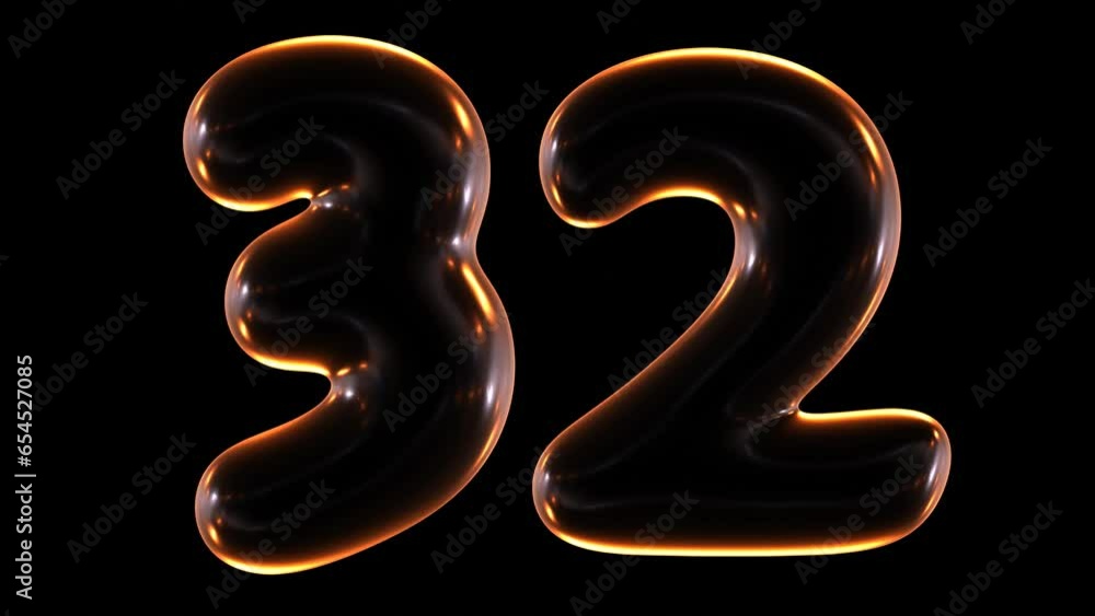 Poster seamless animation of glowing number 32 with light and reflections isolated on black background in 3