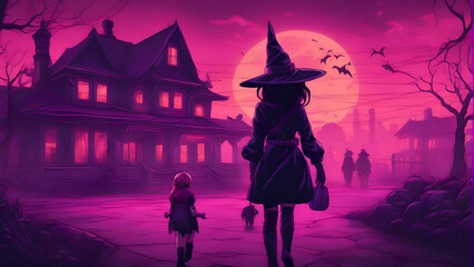 Halloween background with witch and little girl in front of haunted house