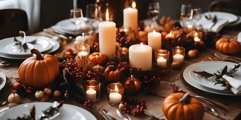 thanksgiving meal, with decorated table including pumpkins, candles and leaves