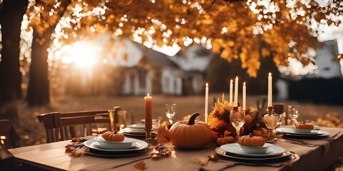 thanksgiving meal, with decorated table including pumpkins, candles and leaves