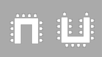 Furniture elements, tables and seats top view for conference, auditorium, classroom with place spectators. Kit for plan of office, lecture hall, workspace, education, school. Scheme chairs and tables