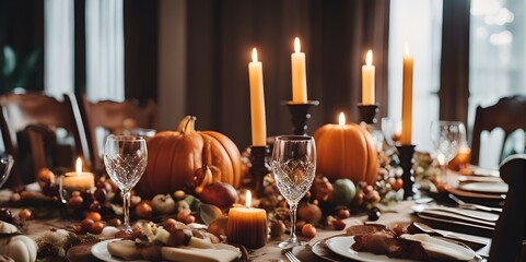 Fototapeta na wymiar thanksgiving meal, with decorated table including pumpkins, candles and leaves
