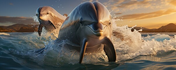 Dolphins jumping out of the water poster with copy space | Generative AI