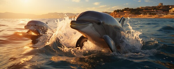 Dolphins jumping out of the water poster with copy space | Generative AI - obrazy, fototapety, plakaty
