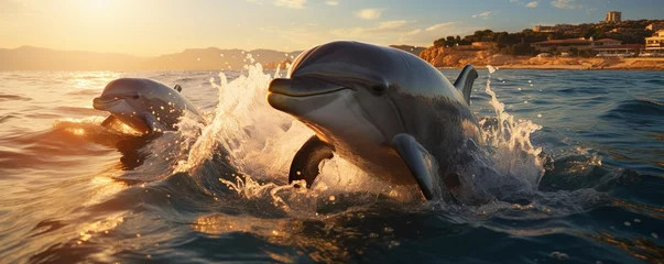 Tuinposter Dolphins jumping out of the water poster with copy space   Generative AI © Kay
