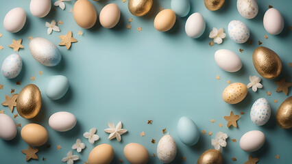 Easter eggs frame on pastel blue background with copy space.