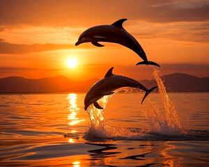 Dolphins Leaping at Sunset Over Ocean Waves