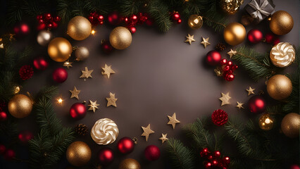 Fototapeta na wymiar Christmas background with fir branches. red and golden decorations. snowflakes and balls. Top view with copy space