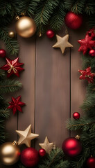 Christmas tree branches and decoration on wooden background. Top view with copy space