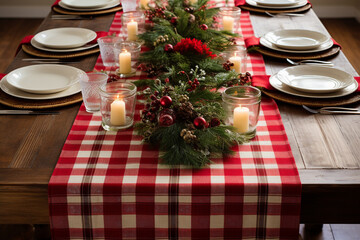 Festive Plaid And Burlap Table Runner Spread Out