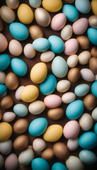 Colorful easter eggs on wooden background. Top view. Toned.