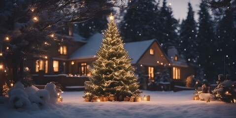 Fototapeta premium winter decorated house, christmas eve, snowcovered garden 