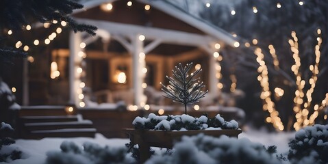 winter decorated house, christmas eve, snowcovered garden  - obrazy, fototapety, plakaty