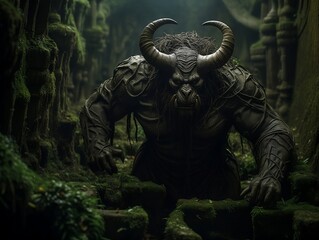 Fototapeta na wymiar Labyrinth Dweller: Menacing Minotaur Lurking in Shadows of Ancient Stone Maze – Perfect for Dark Fantasy and Mythology Themes