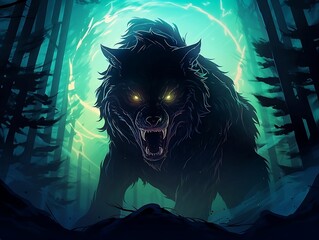 Moonlit Menace: Fenrir, the Giant Wolf Norse Mythology, Outlined Against Full Moon in Dense Forest – Perfect for Dark Fantasy and Mythology Themes - obrazy, fototapety, plakaty