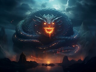 Shadow Serpent: Jörmungandr, the World Serpent Norse mythology, with Body of Swirling Shadows and Glowing Orb Eyes – Perfect for Dark Fantasy and Mythology Themes - Epic Battle Illustrations - obrazy, fototapety, plakaty