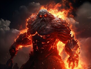 Ragnarök Unleashed: Surtr, the Fire Giant Norse mythology, with Glowing Eyes and Flaming Sword Amidst Forces of Ragnarök – Perfect for Dark Fantasy, Supernatural, Epic Fantasy and Mythology Themes