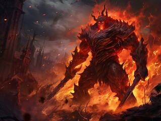 Molten Menace: Surtr, the Fire Giant Norse mythology, in Body of Molten Rock and Flaming Sword – Perfect for Fantasy and Mythology Themes, Epic Battle Illustrations