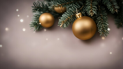 Fototapeta na wymiar Christmas and New Year background with fir branches and golden baubles