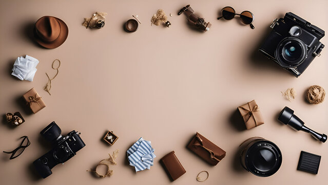Flat lay composition with camera and accessories on beige background. top view