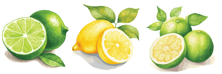 Set of watercolor illustrations of citruses. Hand drawn, hand painting colorful set of fruit with paint splashes. Isolated on white background watercolour vector illustrations. Lemon, lime, pamelo