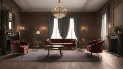 Classic living room interior. 3D render. Vintage furniture. armchairs. fireplace and piano.