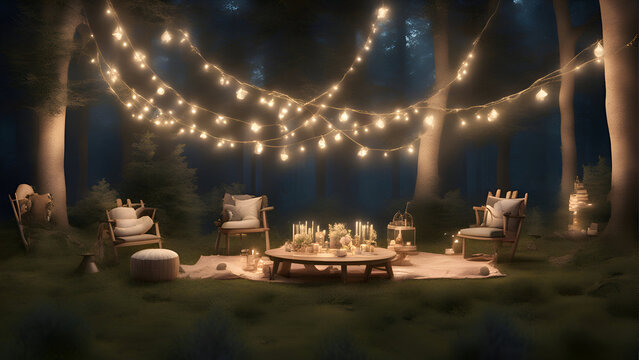 3D rendering of a fairy tale scene in the forest at night