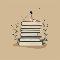 Concept: book is source of knowledge.A tiny African woman with friend sitting on stack of books.Volumes with plants as symbol of education.For library or bookstore.Hand-drawn vector