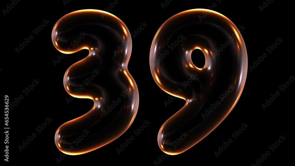 Poster seamless animation of glowing number 39 with light and reflections isolated on black background in 3