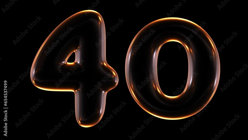 Poster seamless animation of glowing number 40 with light and reflections isolated on black background in 3