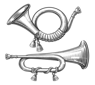 Retro Post horn. Hunting bugle sketch illustration in engraving style