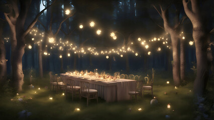 Wedding dinner in the forest at night 3d render illustration