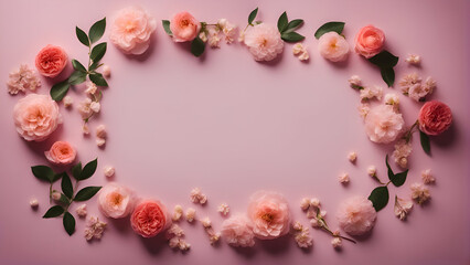 Flowers composition. Frame made of pink roses on pink background. Flat lay. top view. copy space