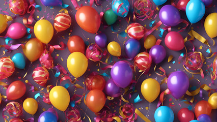 Fototapeta na wymiar 3d render of colorful balloons and confetti on purple background.