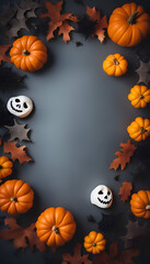 Naklejka na ściany i meble Halloween background with pumpkins. spiders. bats and black leaves on dark background