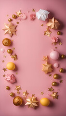 Christmas decoration on pink background with space for text. Top view.