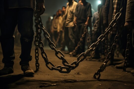 Slavery, forced use of work against persons will. A global problem. Theft. Chains. Forced ownership. Felony criminal. Captive, human trafficking, serfdom, credit, forced marriage. Shackles on hands