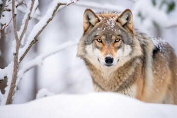 Obraz premium A majestic wolf standing on a snow-covered ground in a forest, attentively observing something in the distance