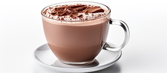 Hot chocolate drink in glass mug on white background with clipping path