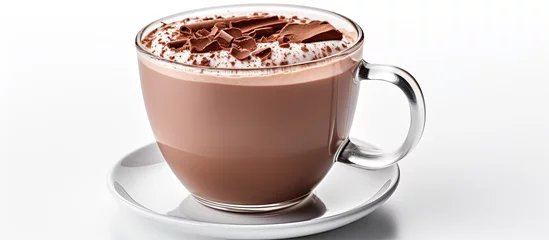 Gordijnen Hot chocolate drink in glass mug on white background with clipping path © TheWaterMeloonProjec
