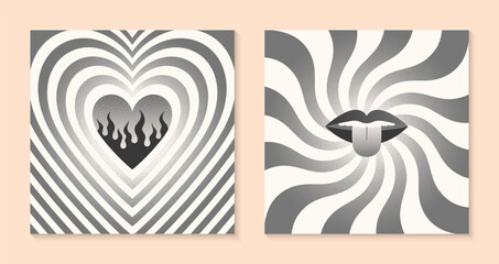 Set vector surreal illustrations with heart and flame,lips and tongue out.Retro prints in y2k aesthetic with spiral background and texture.Trendy designs for banners,smm,branding,packaging,covers