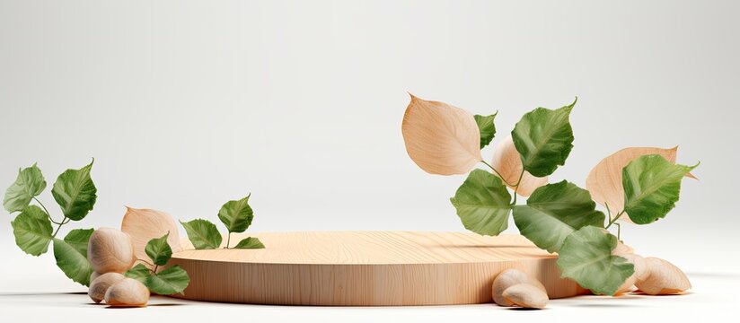 an empty podium with leaves on white background for showcasing cosmetics